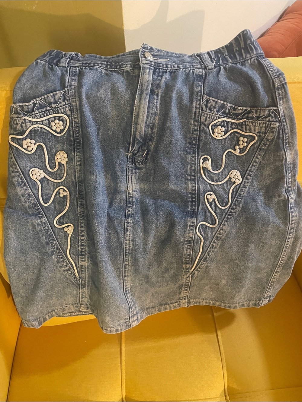 Vintage Andiamo Italia Blue Denim Skirt with Embroidery and Pearl Detail
